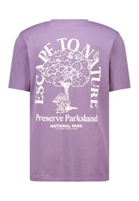 Purple cotton t-shirt featuring white text and graphics of a tree, mushrooms, and butterflies, promoting parkland preservation.