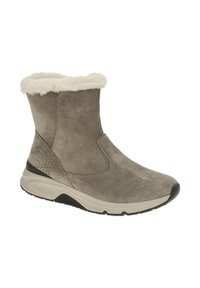 Grijze suède enkelboot met een witte nepbontkraag en een gestructureerde gouden accent bij de hak. Verstevigde zool en rubberen buitenzool voor grip.