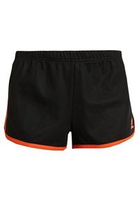 Black athletic shorts with an elastic waistband, featuring orange accents along the hem and sides. Made from a smooth, lightweight fabric.