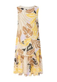 Robe sans manches en tissu léger avec un motif floral jaune, marron, noir et violet, dotée d'un ourlet à volants et d'une fermeture au dos.