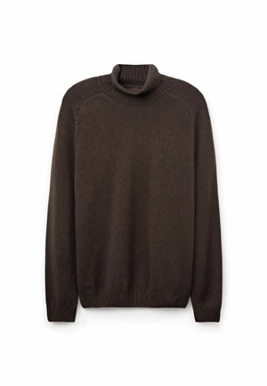 Brun turtleneck sweater, lavet af blødt strikstof. Har ribbet krave, manchetter og kant med en afslappet pasform og lange ærmer.