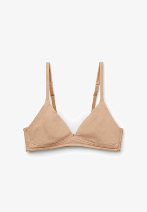 Soutien-gorge triangle couleur chair en tissu doux, avec des bretelles ajustables et un design sans coutures, idéal pour un port quotidien.