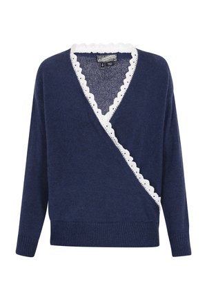 Navy blue sweater with a wrap design, featuring a white scalloped lace trim along the neckline and front edges. Textured knit fabric.