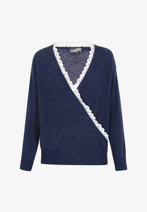 Navy blue sweater with a wrap design, featuring a white scalloped lace trim along the neckline and front edges. Textured knit fabric.