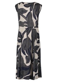 Robe midi sans manches avec une base beige et de grands motifs floraux abstraits en bleu foncé et gris, dotée d'une taille cintrée et d'une jupe fluide.