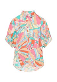 Short-sleeve button-up shirt featuring a colorful abstract pattern in peach, turquoise, and orange. Lightweight fabric with a relaxed fit.