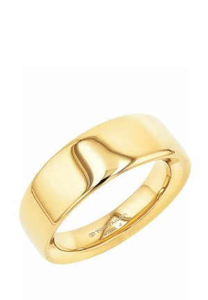 Ring aus poliertem Metall in Goldton mit eingraviertem Markennamen und Stahlmarkierung innen, reflektiert Licht auf glatter Oberfläche.