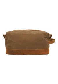 Brown canvas bag with a tan leather bottom, rectangular shape, zipper closure, and a side handle for easy carry. Textured fabric.