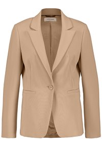 Blazer beige à coupe ajustée, col à revers crantés, fermeture à un bouton et deux poches avant. Tissu lisse avec une légère brillance.