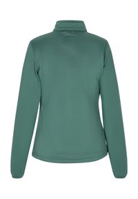 Grüne Langarmjacke mit hohem Kragen, glatter Textur und minimalistischem Design. Hat keine sichtbaren Verschlüsse oder Muster.