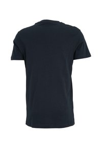 Tricou bleu marin cu mânecă scurtă, fabricat din bumbac. Are un guler rotund și o textură simplă, netedă, fără aplicații.