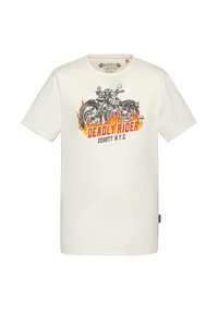 Crèmekleurig katoenen t-shirt met een zwarte motorfietsafbeelding met vlammen, tekst "DEADLY RIDER" en "SCHOTT N.Y.C." label. Korte mouwen.
