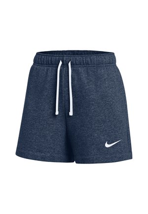 Dunkelblaue Sportshorts mit weißem Kordelzug und kleinem weißem Nike-Swoosh-Logo am linken Bein, elastischer Bund.