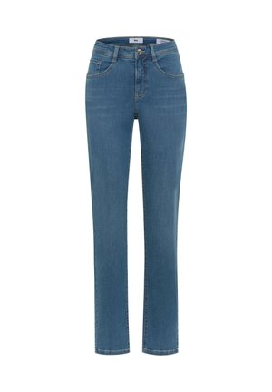 Blue denim jeans with a straight leg design, mid-rise waist, front pockets, and subtle stitching details. Smooth texture and solid color.