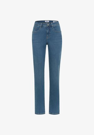 Jeans in denim blu con un design a gamba dritta, vita media, tasche frontali e dettagli di cucitura discreti. Tessuto liscio e colore uniforme.