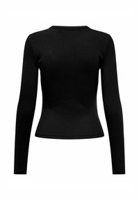 Haut noir à manches longues en maille côtelée avec une silhouette ajustée, un col rond et un dos uni.