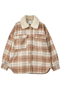 Giacca a camicia a quadri marrone e beige con colletto in pelliccia sintetica, due tasche sul petto e bottoni in legno; texture morbida, vestibilità rilassata.