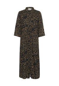 Leopardprint lange jurk in aardetonen met een knoopsluiting aan de voorkant, kraag, driekwart mouwen en een getailleerde taille. Gladde stoftextuur.