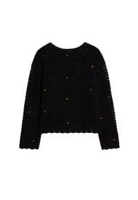 Pull en crochet noir à manches longues, avec un motif texturé et des perles en bronze réparties uniformément sur le tissu. Ourlet festonné.