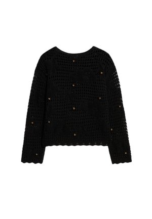 Schwarzer Häkelpullover mit langen Ärmeln, der ein strukturiertes Muster und bronzefarbene Akzentperlen aufweist, die gleichmäßig über den Stoff verteilt sind. Wellenförmiger Saum.