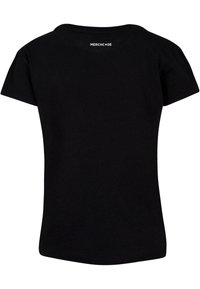 Sort bomulds T-shirt med korte ærmer og rund halsudskæring. Ryggen viser teksten "MERCH CODE" i hvid. Blød tekstur, standard pasform.