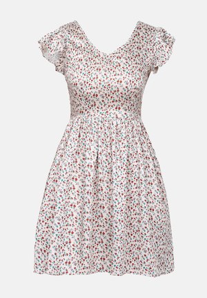 Robe florale avec un fond blanc orné de petits motifs rouges et verts, un décolleté en V et des manches courtes à volants. Conception de jupe évasée.