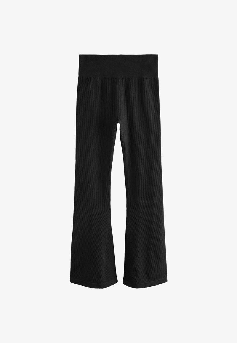 Pantaloni neri a coste svasati con vita alta, realizzati in un tessuto testurizzato e taglio dritto dal ginocchio all'orlo.