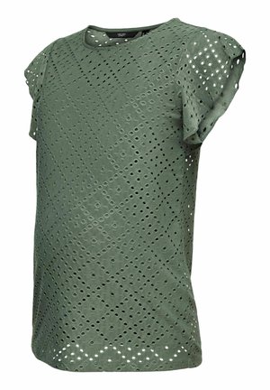 Groene korte mouwen blouse met geometrisch ajourpatroon en gerimpelde mouwen, gemaakt van lichtgewicht stof.