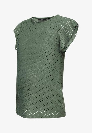 Groene korte mouwen blouse met geometrisch ajourpatroon en gerimpelde mouwen, gemaakt van lichtgewicht stof.
