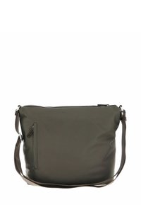 Borsa a spalla verde oliva realizzata in materiale sintetico morbido con chiusura a zip e una tasca laterale. Dotata di una tracolla marrone regolabile.