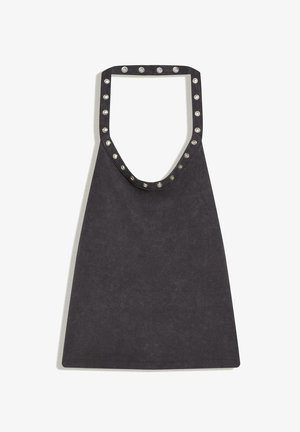 Black triangular tote bag with metal eyelets along the top edge and strap, made of soft textured material.