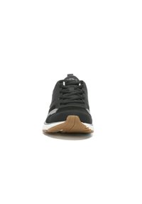 Black athletic shoe with a smooth upper, lace-up design, white midsole, and a brown rubber outsole. Features reflective accents on sides.