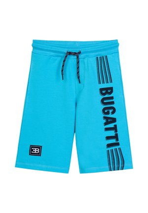 Shorts blu brillante con coulisse nera, scritta "BUGATTI" e righe verticali su una gamba, e una piccola toppa con logo nero vicino all'orlo.