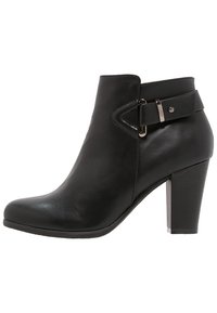 Black leather ankle boot with a rounded toe, featuring a side buckle accent and a sturdy high heel. Smooth texture with a polished finish.