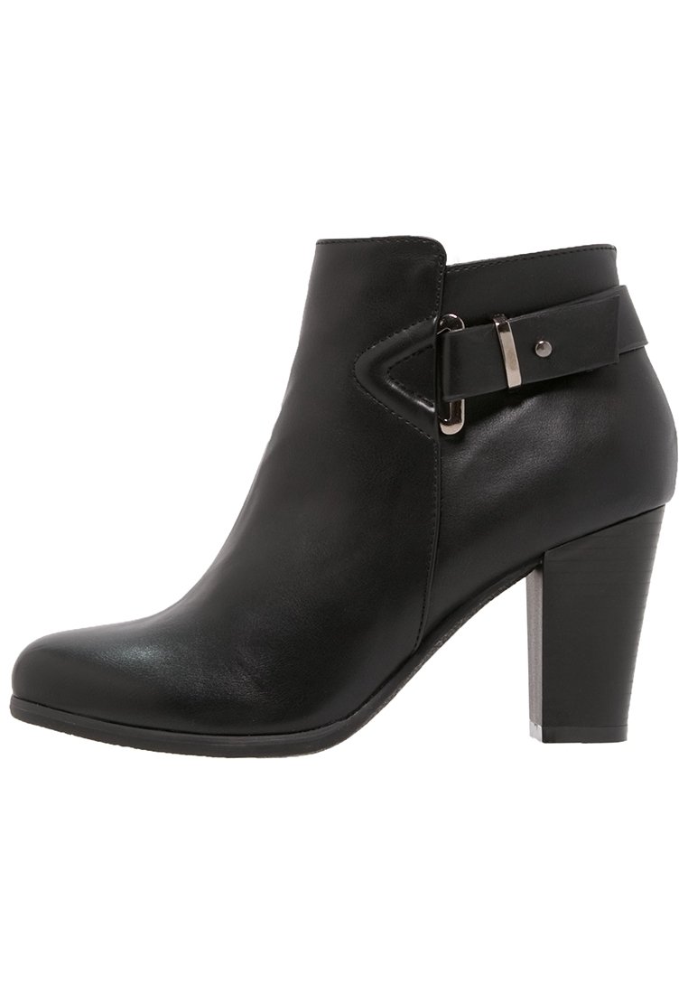 Black leather ankle boot with a rounded toe, featuring a side buckle accent and a sturdy high heel. Smooth texture with a polished finish.