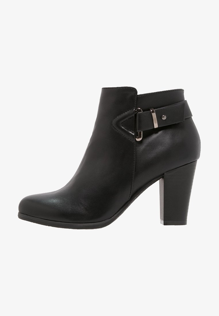 Black leather ankle boot with a rounded toe, featuring a side buckle accent and a sturdy high heel. Smooth texture with a polished finish.