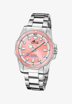 Montre de plongée en acier inoxydable argenté avec un cadran rose pâle, index lumineux et fonction date, étanche jusqu'à 10 bars.