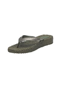 Groene geweven flip-flop sandaal met een gestructureerde, geweven zool en metallic glinsterende banden. De banden hebben een V-vormig ontwerp.