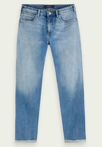 Jeans de algodón azul claro con diseño de pierna recta, que cuentan con cinco bolsillos, cierre de botón y textura desgastada cerca de las rodillas.