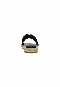 Zwarte espadrille sandaaltjes met een geweven juten zool en een zachte, gestructureerde band. De achterkant toont een uitgesneden band ontwerp.