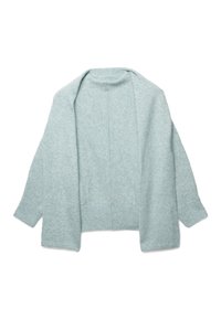Hellblauer Cardigan aus weichem Material, mit einer lockeren Silhouette, langen Ärmeln und gerippten Bündchen und Saum. Ohne Frontverschluss.