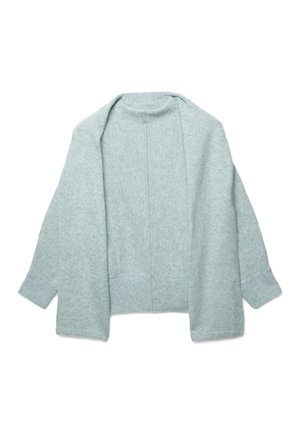 Cardigan bleu clair en tissu doux, présentant une silhouette décontractée, des manches longues et des poignets et un ourlet côtelés. Sans fermeture à l'avant.