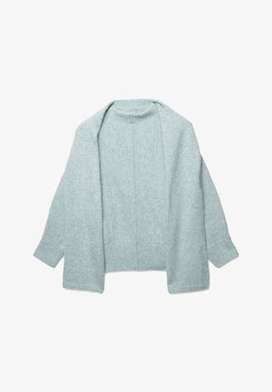 Cardigan bleu clair en tissu doux, présentant une silhouette décontractée, des manches longues et des poignets et un ourlet côtelés. Sans fermeture à l'avant.