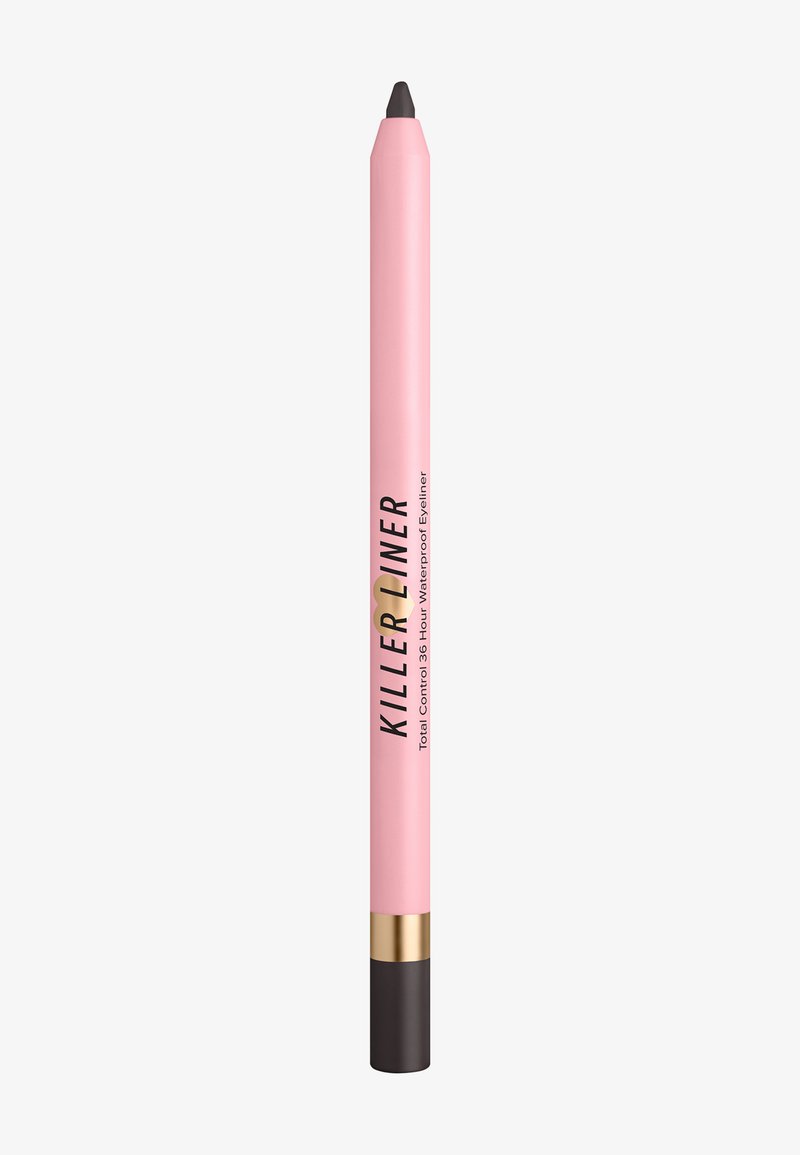 Roze eyelinerpotlood met zwarte punt en de tekst "Killer Liner Total Control 36 Hour Waterproof Eyeliner" op het omhulsel.