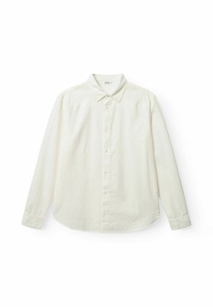 Valkoishtava pitkähihainen nappipaita, valmistettu kevyestä kankaasta, jossa on klassinen kaulus ja kaareva helma.