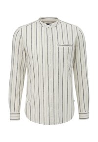 Langärmliges Hemd in Weiß mit vertikalen blauen und beigen Streifen, ausgestattet mit einem Stehkragen und einer Brusttasche mit einem gestreiften Detail.