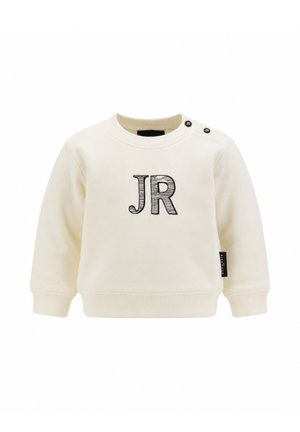 Felpa crema a maniche lunghe per bambino con lettere nere "JR" sul petto e due piccoli bottoni sulla spalla sinistra.