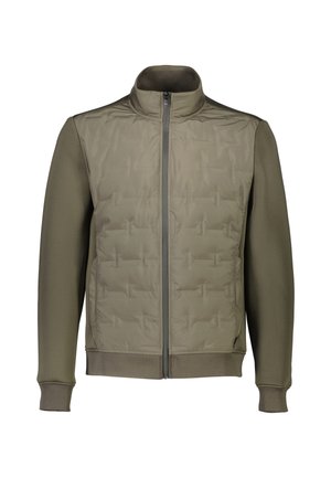 Olijfgroen jack met een gewatteerde voorkant en effen mouwen. Heeft een hoge kraag en een ritssluiting aan de voorkant, met ribgebreide manchetten en zoom.