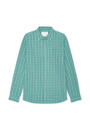 Camisa de manga larga de cuadros verdes con cuello abotonado, botones frontales y corte regular. Hecha de una tela ligera.