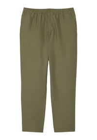 Olijfgroene casual broek van zachte stof, met een elastische tailleband, zijzakken en een recht model.